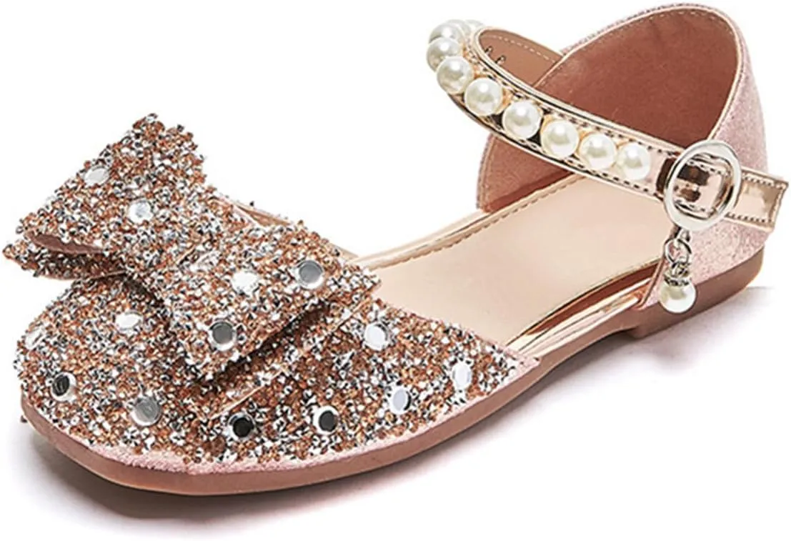 Little Girls Sandals Glitter Dress Shoes Sequins Princess Sandals Toddler Flower Wedding Party Shoes Mary Jane Bowknot Rhinestone Princess Ballet Flats