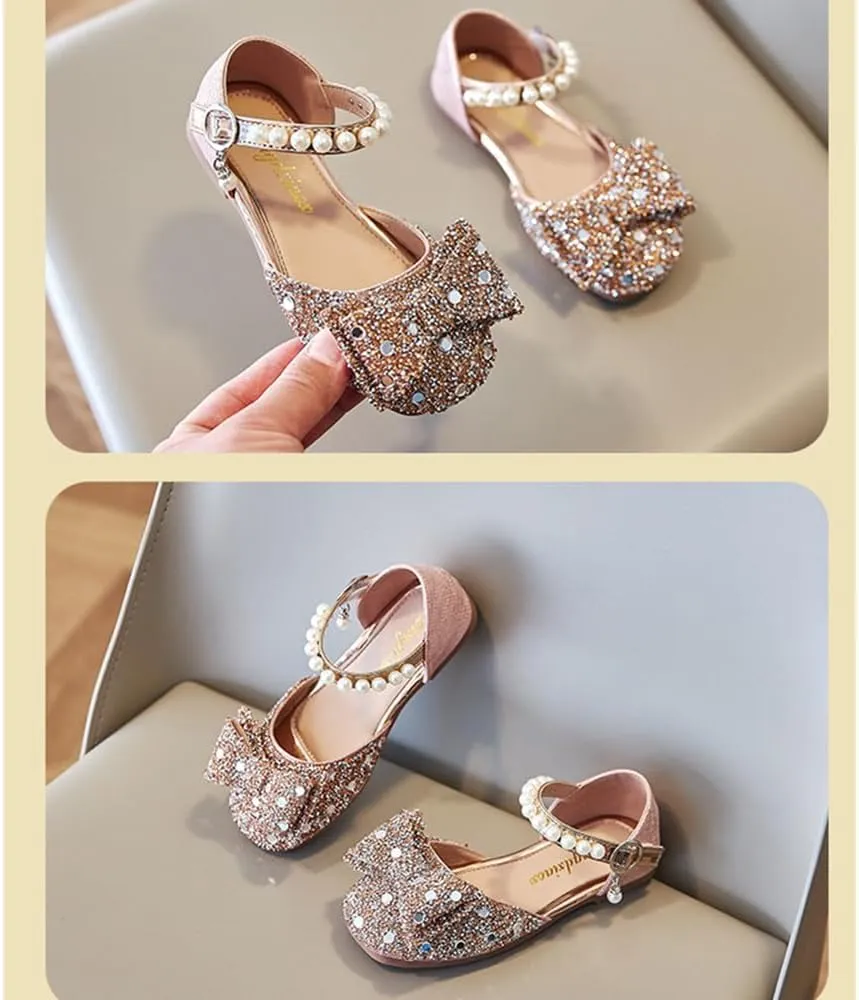 Little Girls Sandals Glitter Dress Shoes Sequins Princess Sandals Toddler Flower Wedding Party Shoes Mary Jane Bowknot Rhinestone Princess Ballet Flats