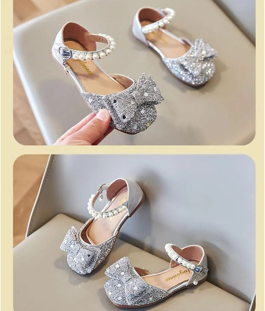 Little Girls Sandals Glitter Dress Shoes Sequins Princess Sandals Toddler Flower Wedding Party Shoes Mary Jane Bowknot Rhinestone Princess Ballet Flats