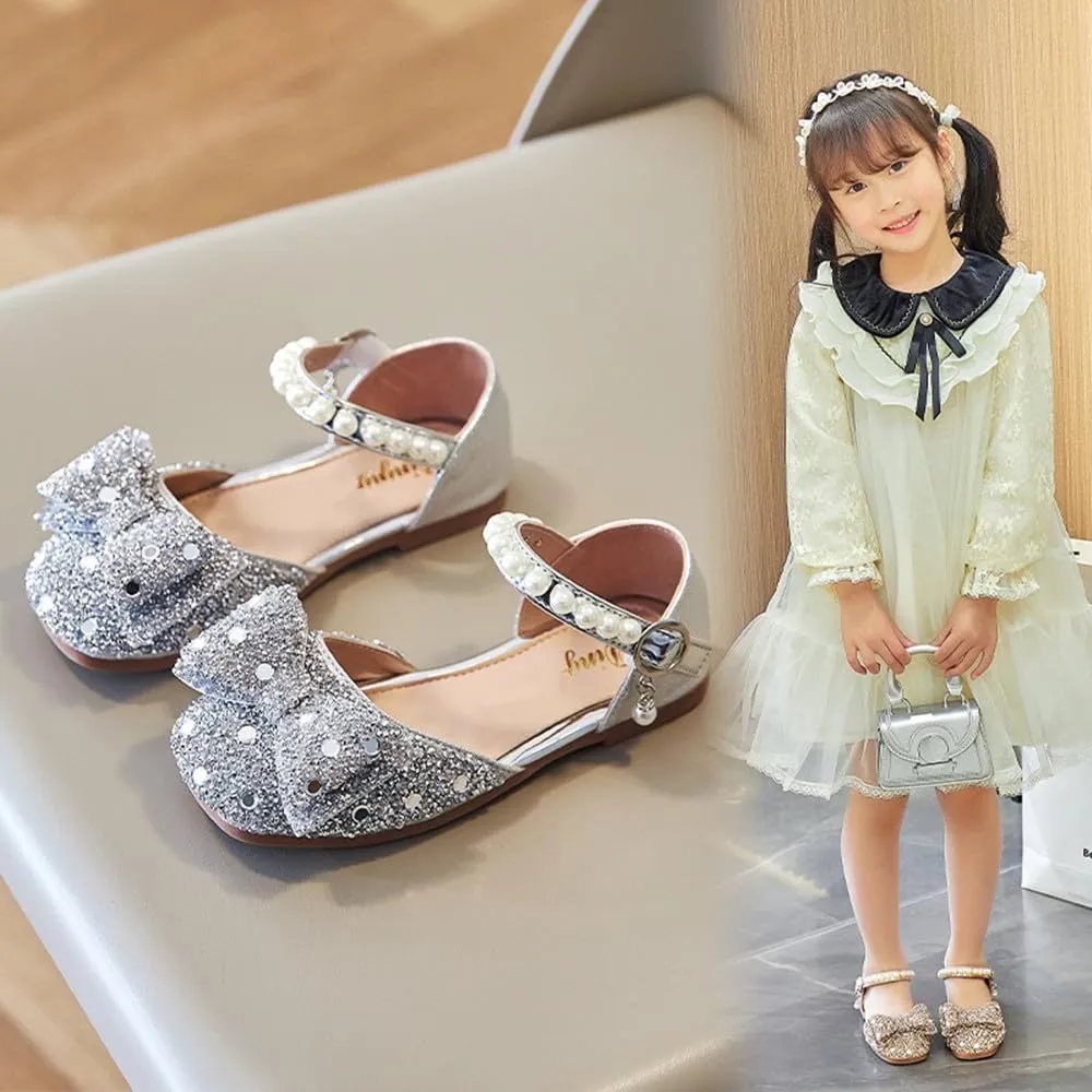 Little Girls Sandals Glitter Dress Shoes Sequins Princess Sandals Toddler Flower Wedding Party Shoes Mary Jane Bowknot Rhinestone Princess Ballet Flats