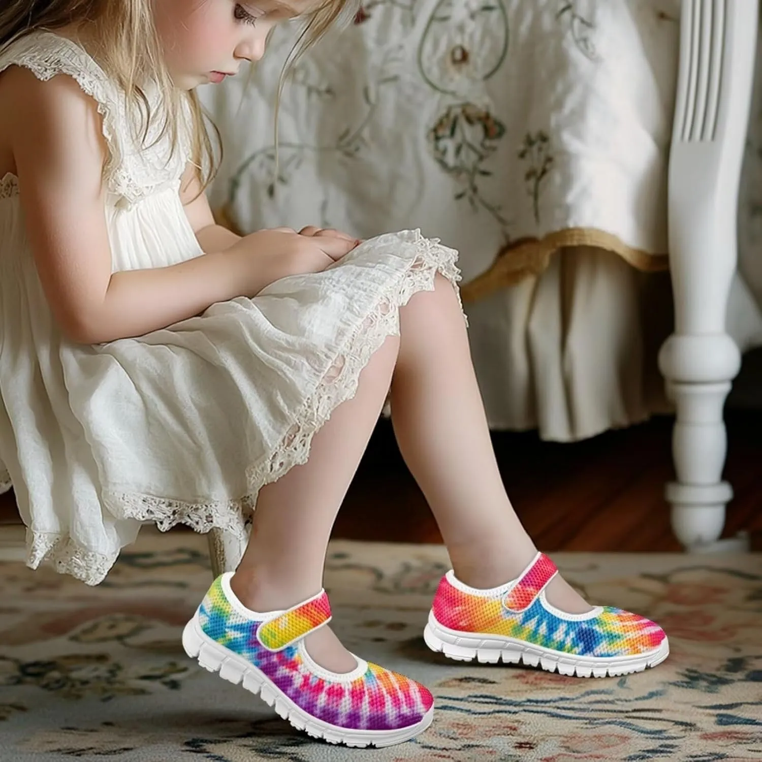 Little Girls Tie Dye Rainbow Mary Janes Shoes Ballet Flats Dress Shoe School Party Walking Shoes