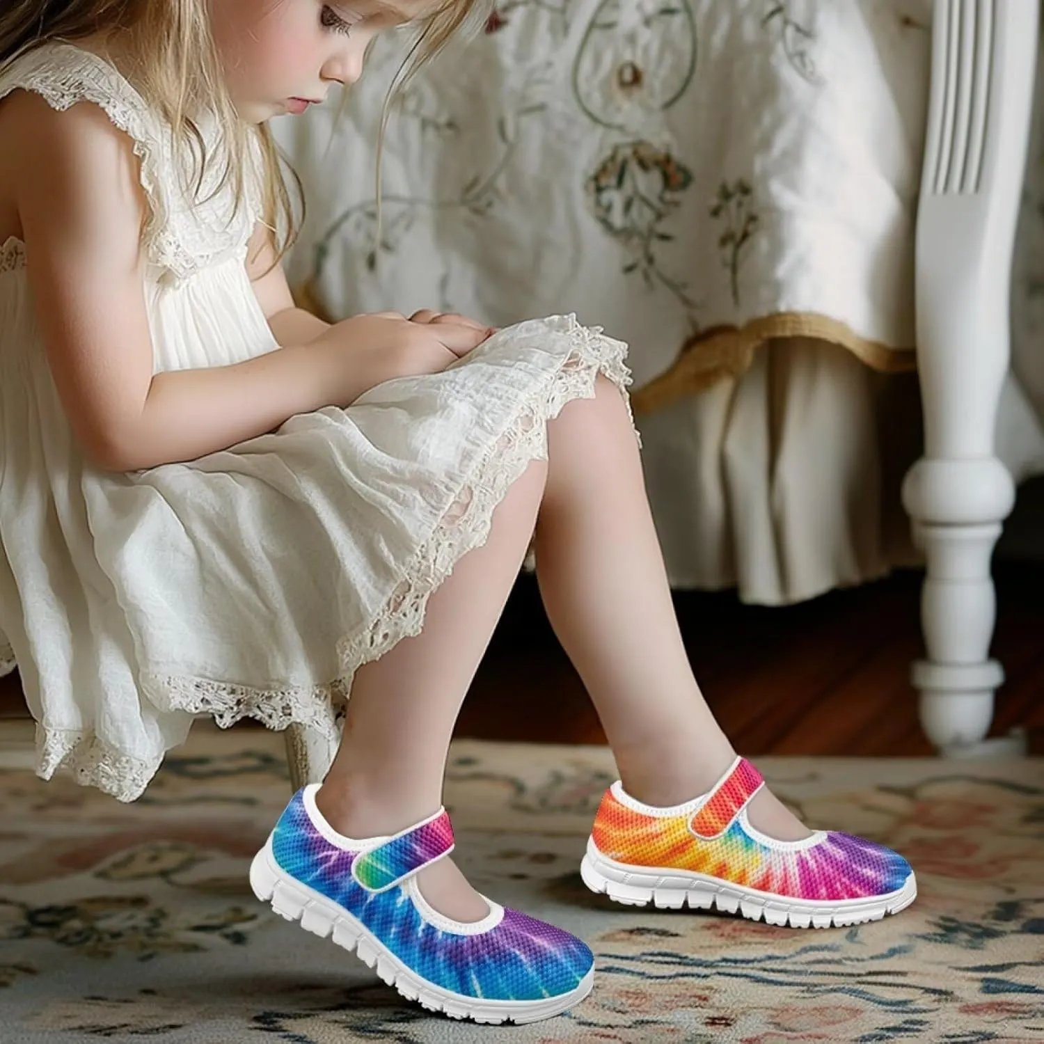 Little Girls Tie Dye Rainbow Mary Janes Shoes Ballet Flats Dress Shoe School Party Walking Shoes