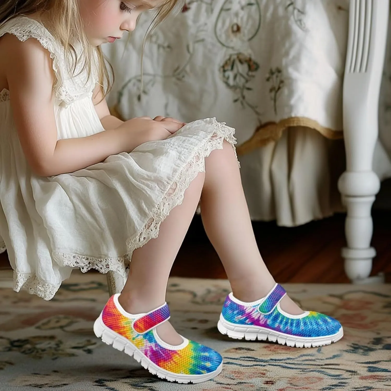 Little Girls Tie Dye Rainbow Mary Janes Shoes Ballet Flats Dress Shoe School Party Walking Shoes