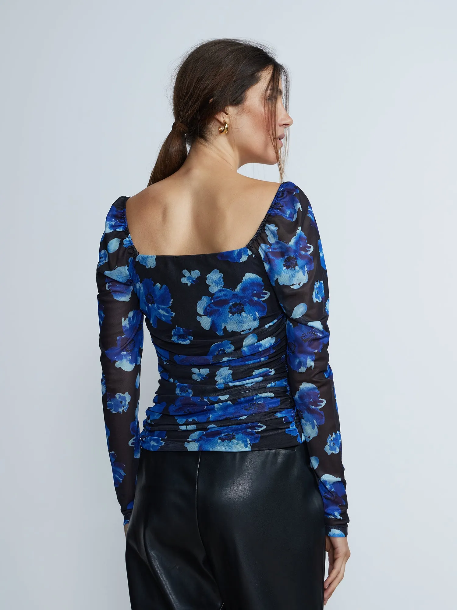 Long Sleeve Floral Ruched Mesh Top