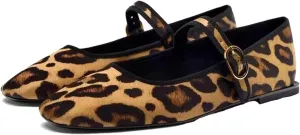 Mary Jane Flat Snap Leopard Square Toe Flats Comfortable Square Toe Flats