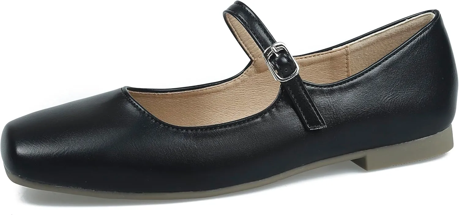 Mary Jane Flats for Women Buckle Ballet Flats Classy Dressy Comfortable Square Toe Slip on Flats Women's Soft Work Casual Dress Shoes