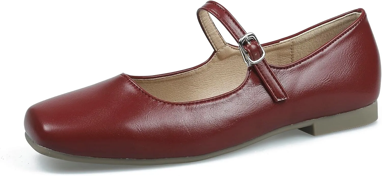 Mary Jane Flats for Women Buckle Ballet Flats Classy Dressy Comfortable Square Toe Slip on Flats Women's Soft Work Casual Dress Shoes