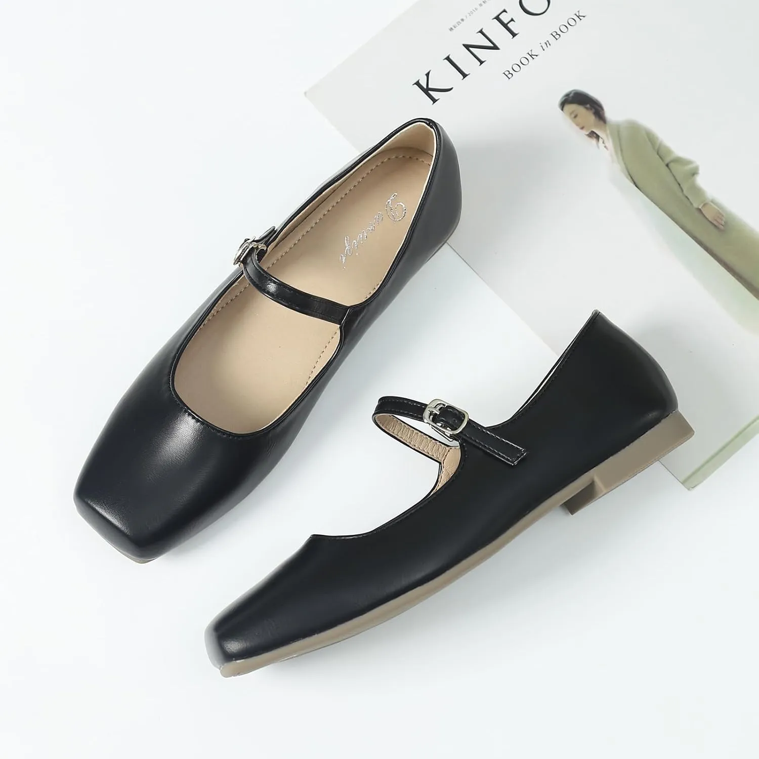 Mary Jane Flats for Women Buckle Ballet Flats Classy Dressy Comfortable Square Toe Slip on Flats Women's Soft Work Casual Dress Shoes