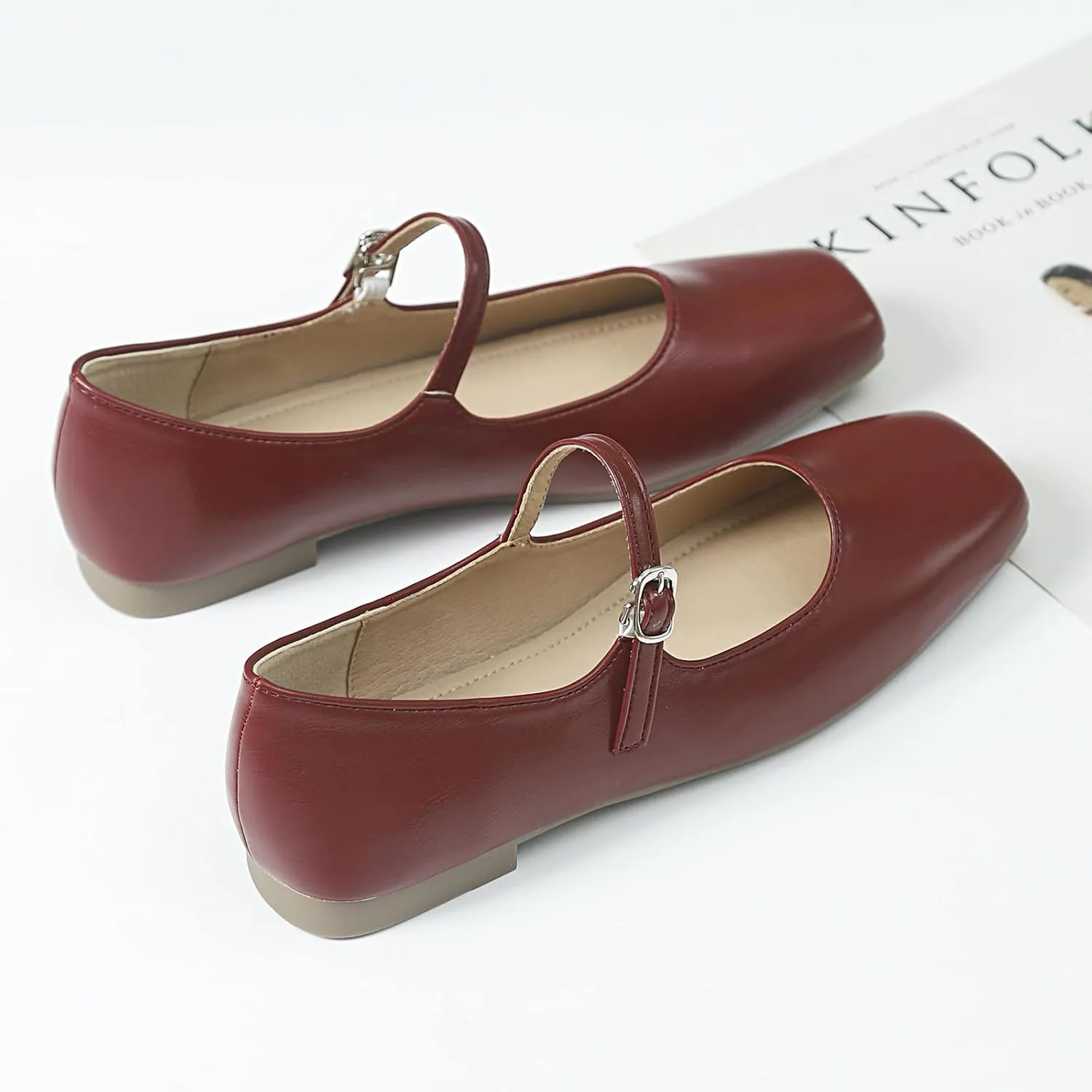 Mary Jane Flats for Women Buckle Ballet Flats Classy Dressy Comfortable Square Toe Slip on Flats Women's Soft Work Casual Dress Shoes