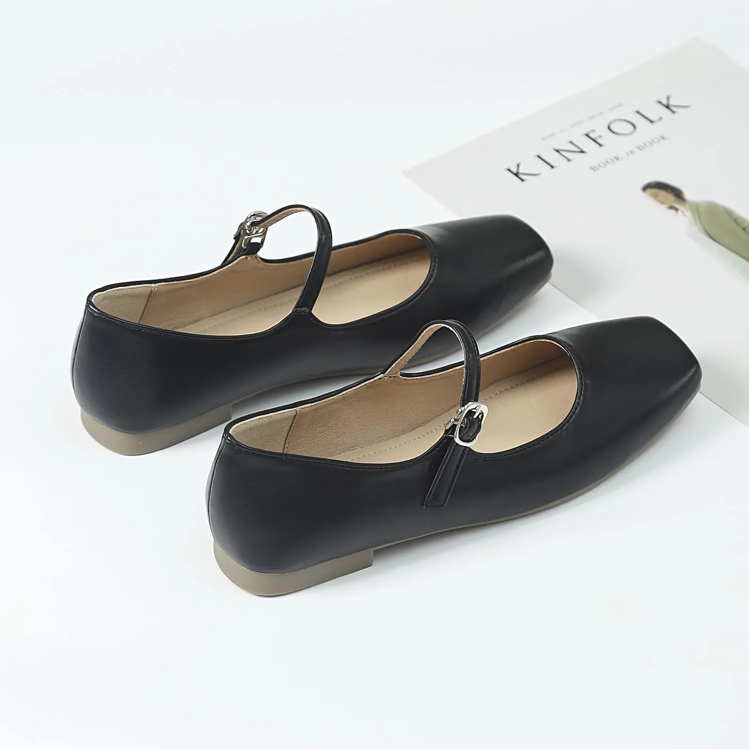 Mary Jane Flats for Women Buckle Ballet Flats Classy Dressy Comfortable Square Toe Slip on Flats Women's Soft Work Casual Dress Shoes