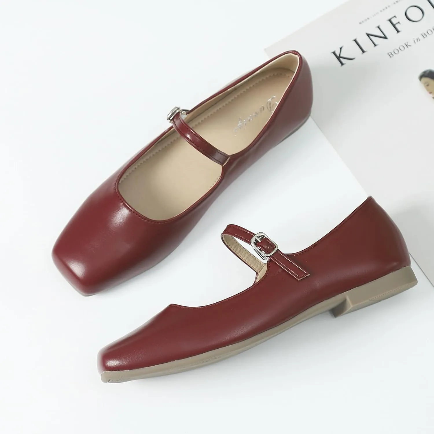 Mary Jane Flats for Women Buckle Ballet Flats Classy Dressy Comfortable Square Toe Slip on Flats Women's Soft Work Casual Dress Shoes