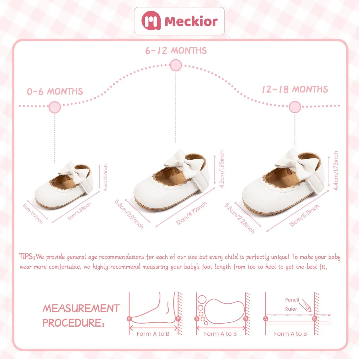 Meckior Infant Baby Girls Soft Sole Bowknot Princess Wedding Dress Mary Jane Flats Prewalker Newborn Light Baby Sneaker Shoes