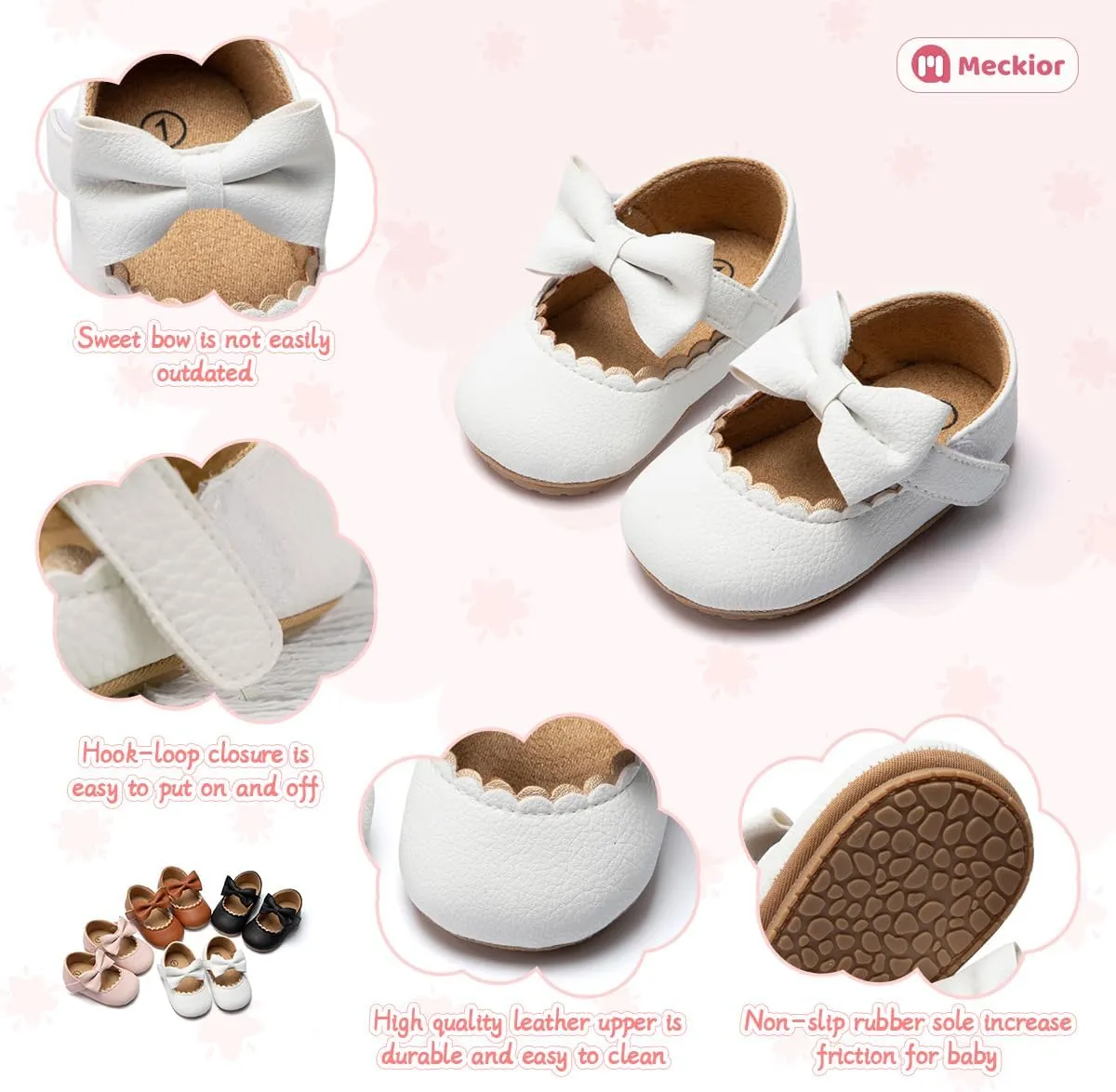 Meckior Infant Baby Girls Soft Sole Bowknot Princess Wedding Dress Mary Jane Flats Prewalker Newborn Light Baby Sneaker Shoes