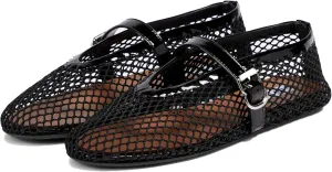 MeiLuSi Ballet Flats for Women, Mary Janes Flats Metal Buckle Strap Mesh Perforated Mary Jane Comfortable Ballerina Flat Shoes