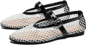 MeiLuSi Ballet Flats for Women, Mary Janes Flats Metal Buckle Strap Mesh Perforated Mary Jane Comfortable Ballerina Flat Shoes