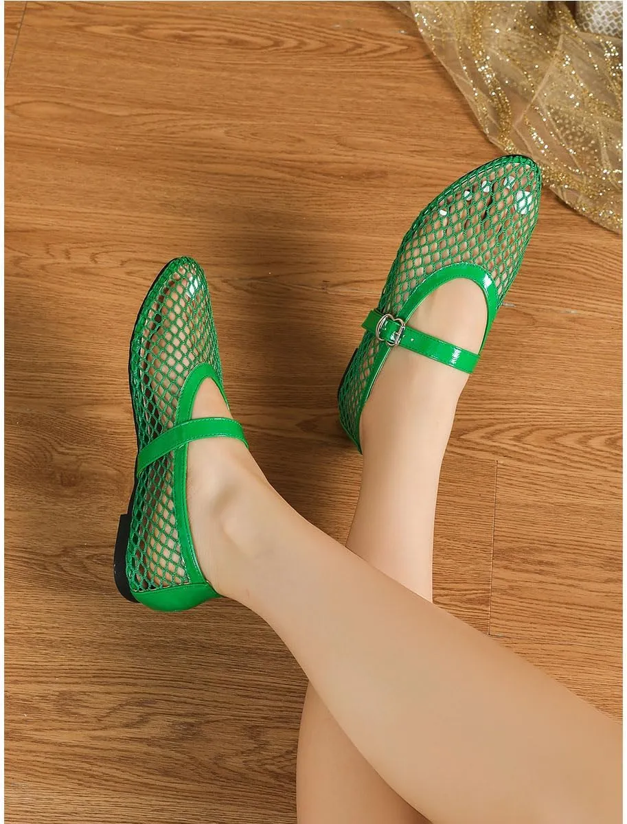 MeiLuSi Ballet Flats for Women, Mary Janes Flats Metal Buckle Strap Mesh Perforated Mary Jane Comfortable Ballerina Flat Shoes