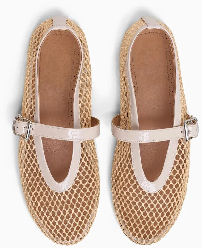MeiLuSi Ballet Flats for Women, Mary Janes Flats Metal Buckle Strap Mesh Perforated Mary Jane Comfortable Ballerina Flat Shoes