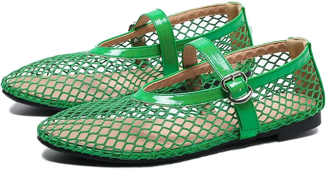 MeiLuSi Ballet Flats for Women, Mary Janes Flats Metal Buckle Strap Mesh Perforated Mary Jane Comfortable Ballerina Flat Shoes