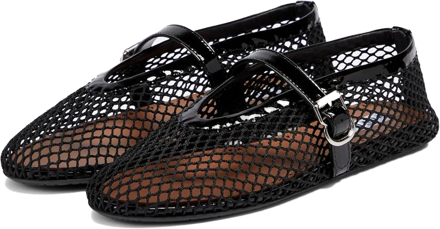 MeiLuSi Ballet Flats for Women, Mary Janes Flats Metal Buckle Strap Mesh Perforated Mary Jane Comfortable Ballerina Flat Shoes