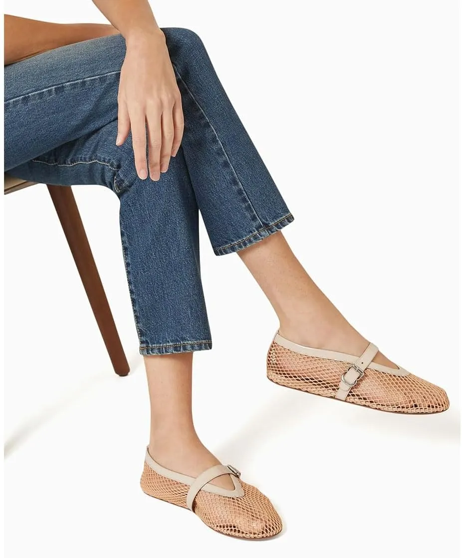 MeiLuSi Ballet Flats for Women, Mary Janes Flats Metal Buckle Strap Mesh Perforated Mary Jane Comfortable Ballerina Flat Shoes