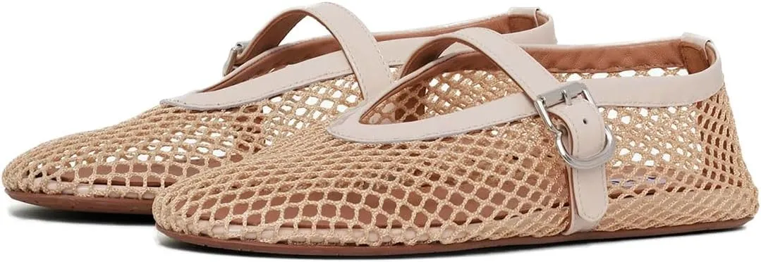 MeiLuSi Ballet Flats for Women, Mary Janes Flats Metal Buckle Strap Mesh Perforated Mary Jane Comfortable Ballerina Flat Shoes