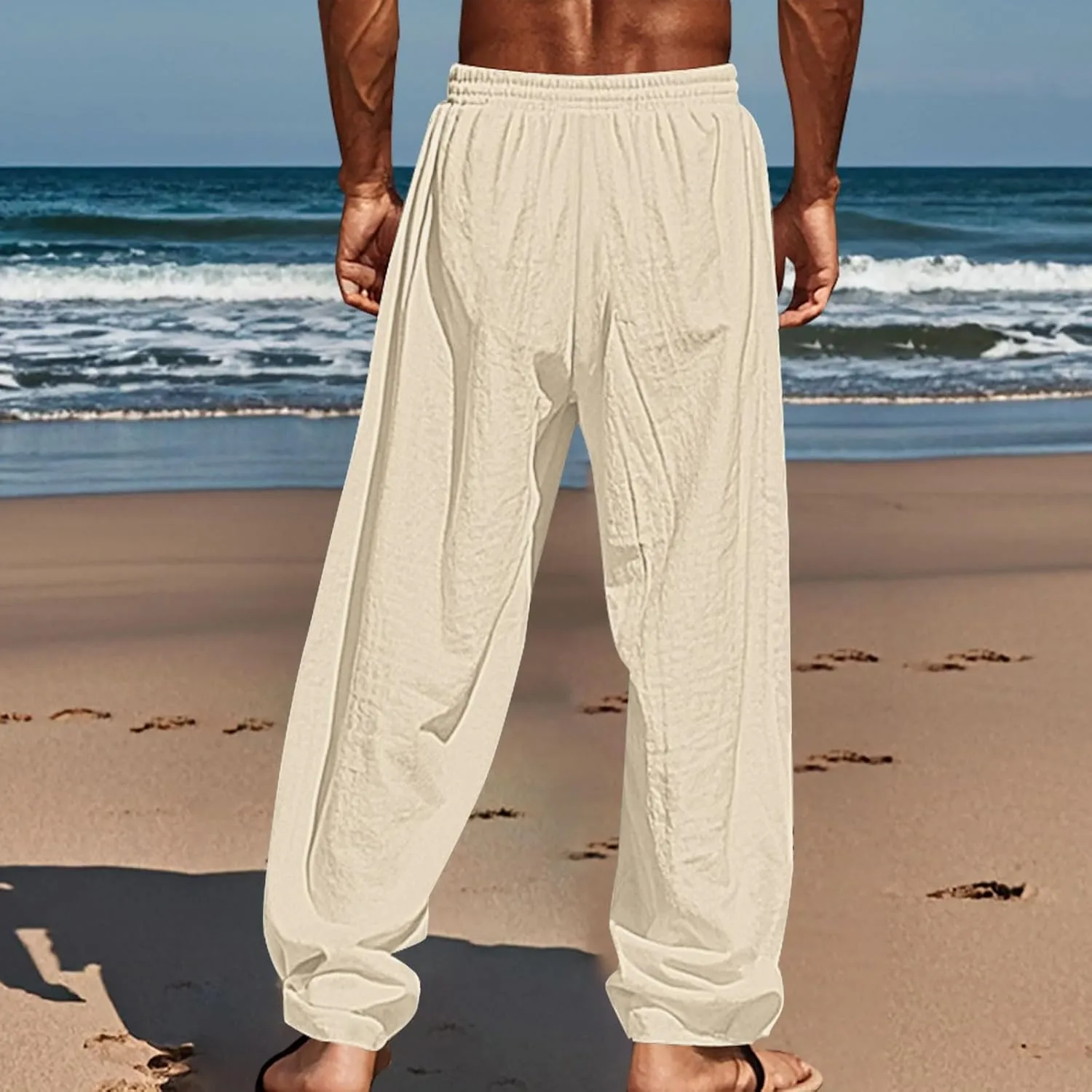 Men Graphic Pants Sea Sun Beach Palm Tree Print Pants Summer Lightweight Vacation Casual Slacks Drawstring Trousers