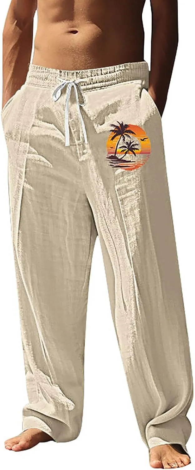 Men Graphic Pants Sea Sun Beach Palm Tree Print Pants Summer Lightweight Vacation Casual Slacks Drawstring Trousers