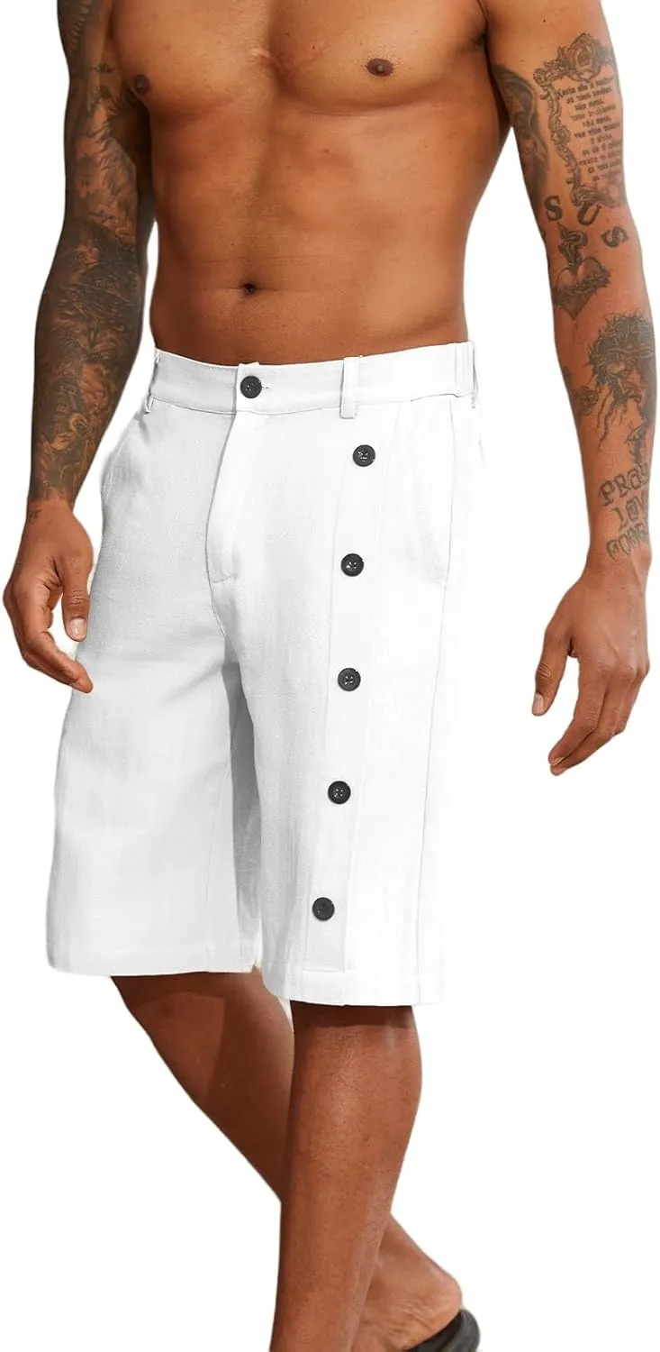 Mens Linen Shorts Button Elastic Waist Slim Fit Hawaii Shorts Casual Classic Fit Summer Beach Golf Short Pants