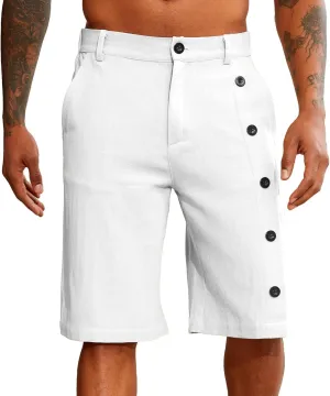 Mens Linen Shorts Button Elastic Waist Slim Fit Hawaii Shorts Casual Classic Fit Summer Beach Golf Short Pants