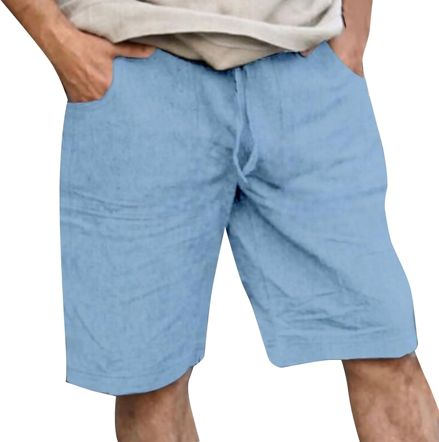 Men's Linen Shorts Summer Cotton Elastic Waist Drawstring Short Casual Beach Outfits with Pockets