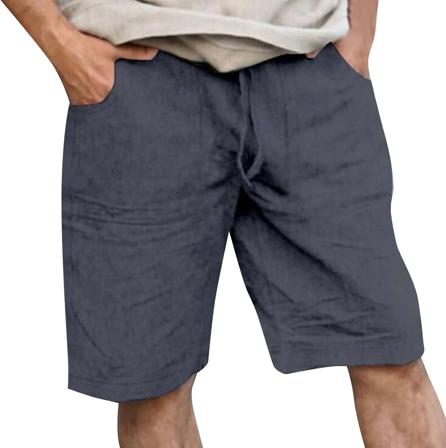 Men's Linen Shorts Summer Cotton Elastic Waist Drawstring Short Casual Beach Outfits with Pockets