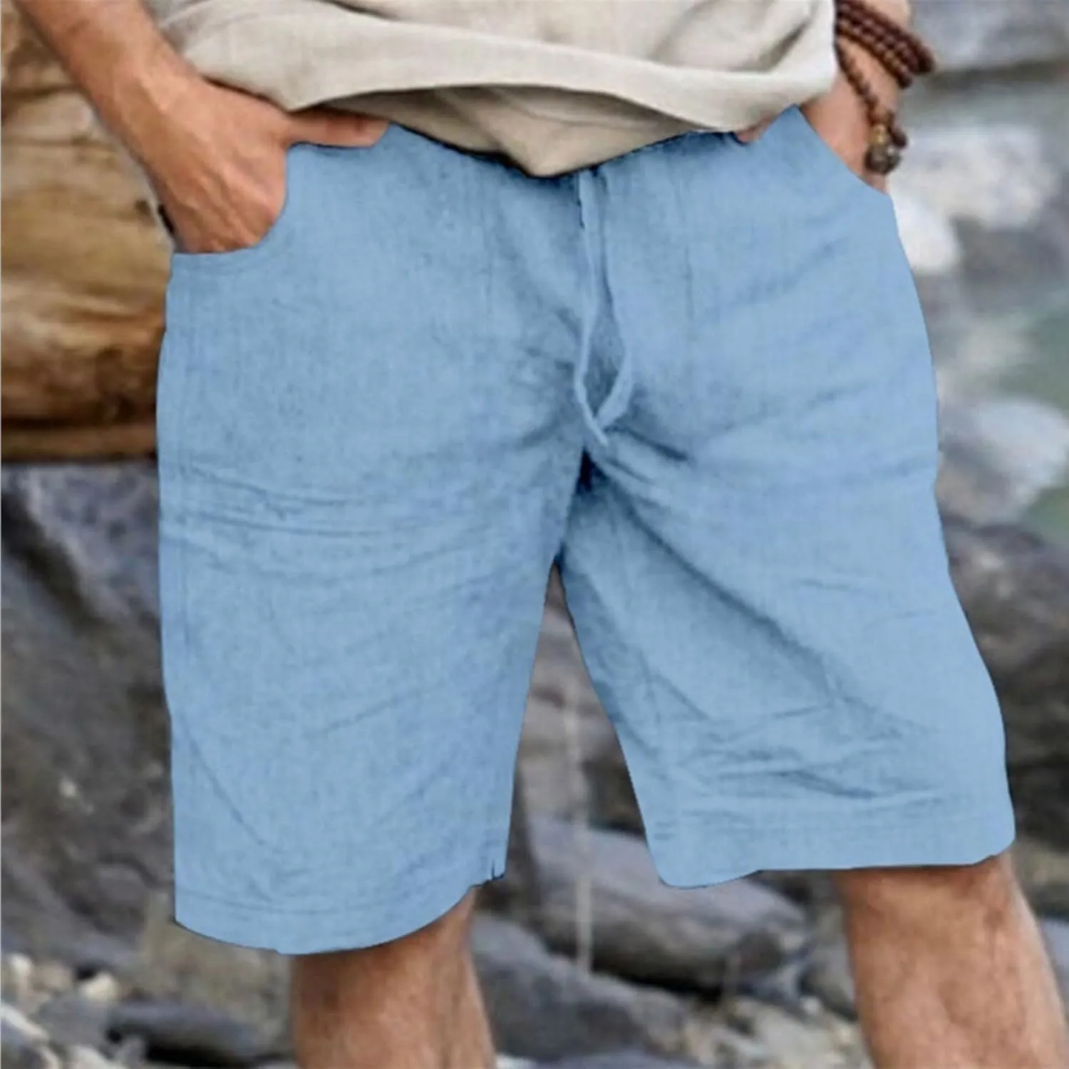 Men's Linen Shorts Summer Cotton Elastic Waist Drawstring Short Casual Beach Outfits with Pockets