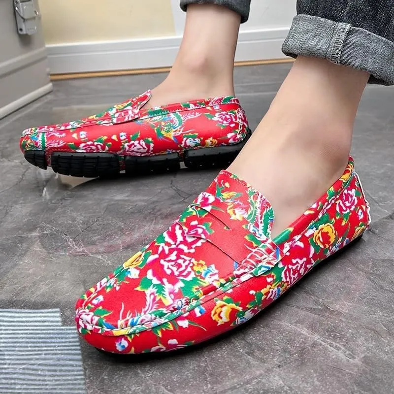 Men's Square Toe Vegan Leather Loafers - Floral Two-Tone Loafers with Comfortable Flat Heel, Anti-Slip, Ideal for Parties and Casual Wear