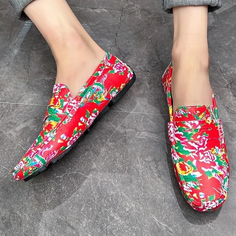 Men's Square Toe Vegan Leather Loafers - Floral Two-Tone Loafers with Comfortable Flat Heel, Anti-Slip, Ideal for Parties and Casual Wear