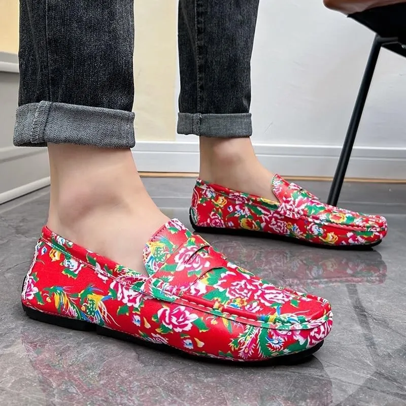 Men's Square Toe Vegan Leather Loafers - Floral Two-Tone Loafers with Comfortable Flat Heel, Anti-Slip, Ideal for Parties and Casual Wear