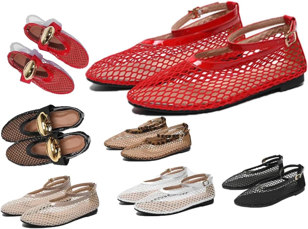 Mesh Ballet Flats for Women Buckle Strap Round Toe Wide Width Mesh Flats Shoes Casual Office Daily Dress Ballerina