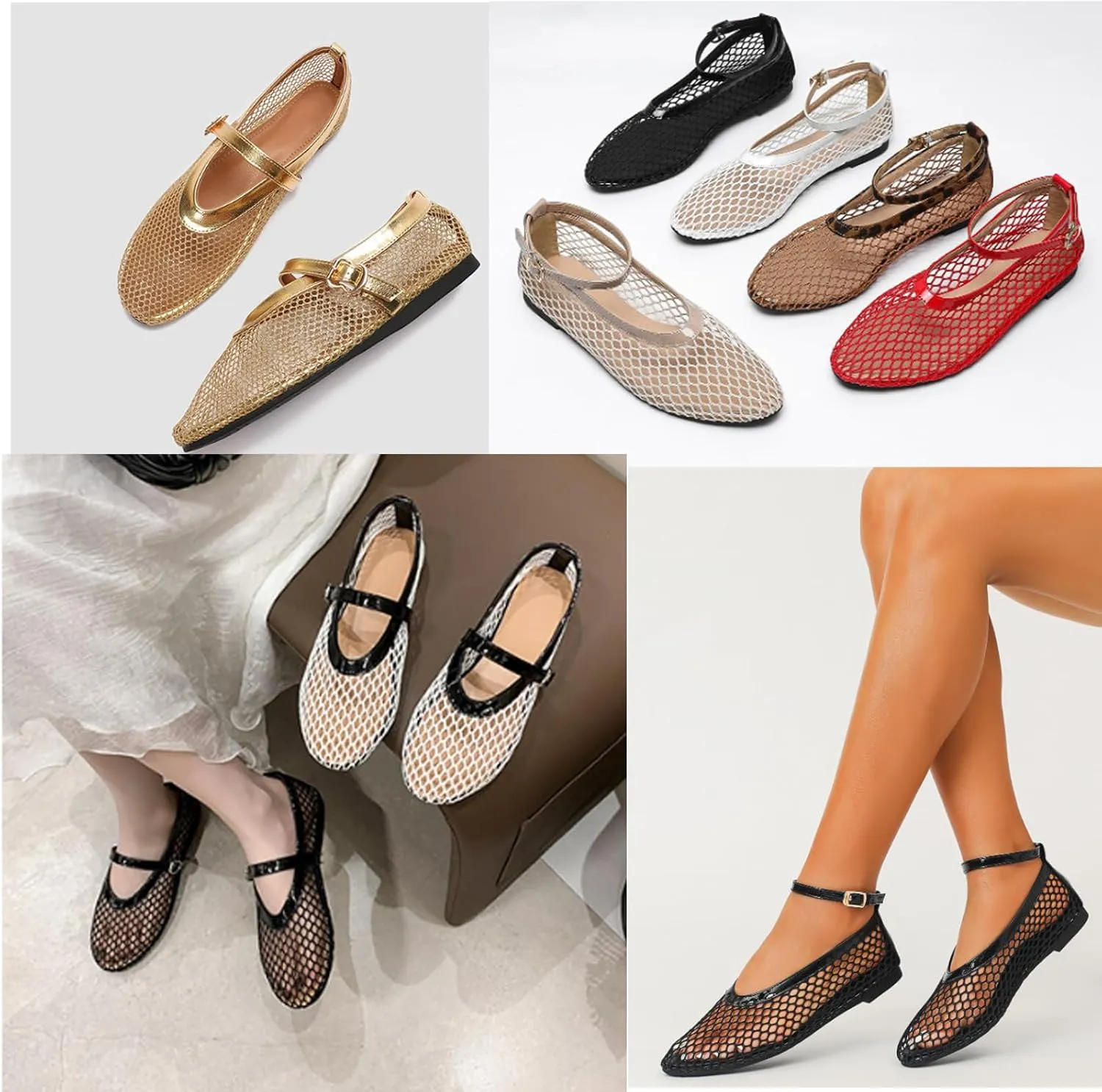 Mesh Ballet Flats for Women Buckle Strap Round Toe Wide Width Mesh Flats Shoes Casual Office Daily Dress Ballerina