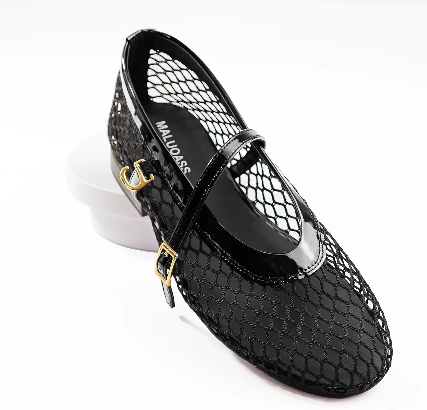 Mesh Flats for Women Ballet Mary Jane Flats Buckle Strap Comfy Casual Office Daily Fishnet Ballerina Flat Sandals Women Shoes Dressy Summer, Black