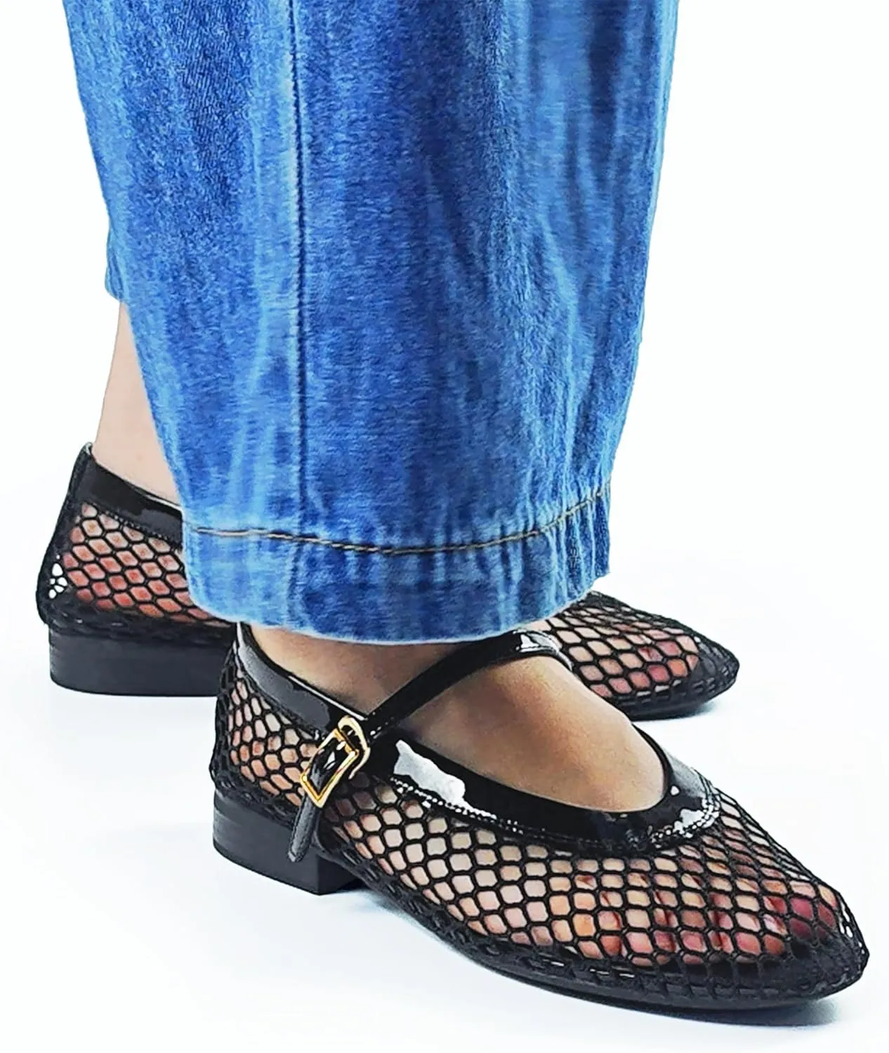 Mesh Flats for Women Ballet Mary Jane Flats Buckle Strap Comfy Casual Office Daily Fishnet Ballerina Flat Sandals Women Shoes Dressy Summer, Black