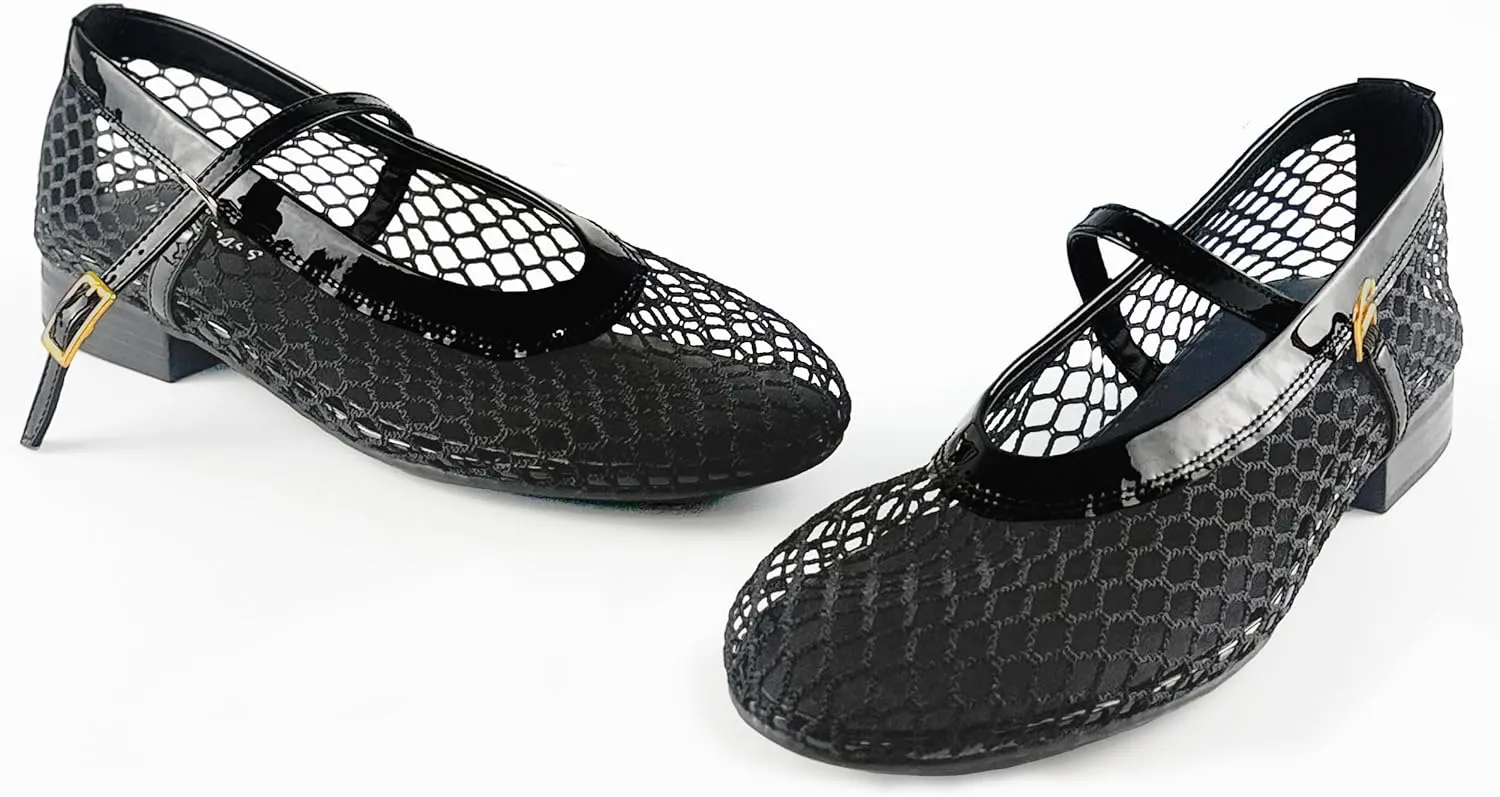 Mesh Flats for Women Ballet Mary Jane Flats Buckle Strap Comfy Casual Office Daily Fishnet Ballerina Flat Sandals Women Shoes Dressy Summer, Black