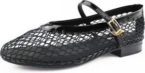 Mesh Flats for Women Ballet Mary Jane Flats Buckle Strap Comfy Casual Office Daily Fishnet Ballerina Flat Sandals Women Shoes Dressy Summer, Black