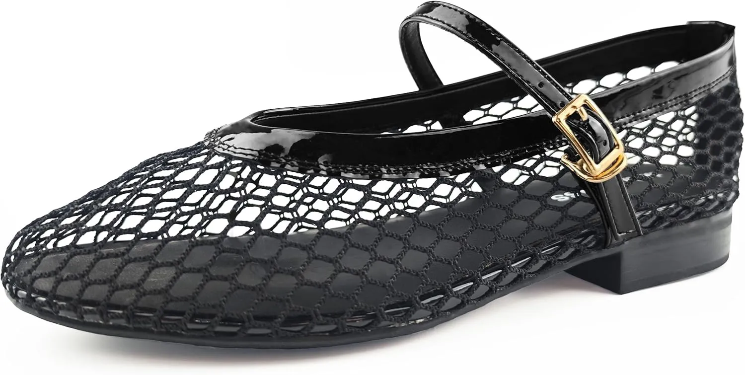 Mesh Flats for Women Ballet Mary Jane Flats Buckle Strap Comfy Casual Office Daily Fishnet Ballerina Flat Sandals Women Shoes Dressy Summer, Black