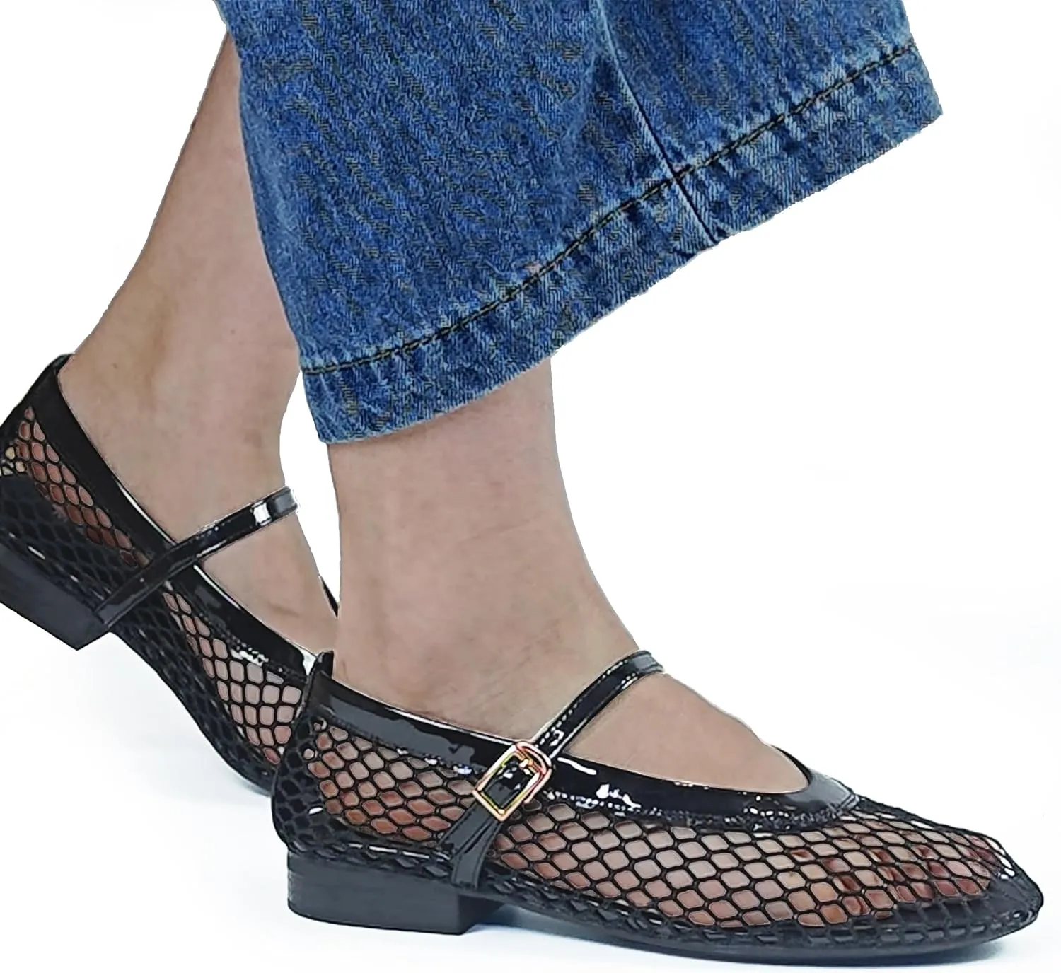 Mesh Flats for Women Ballet Mary Jane Flats Buckle Strap Comfy Casual Office Daily Fishnet Ballerina Flat Sandals Women Shoes Dressy Summer, Black