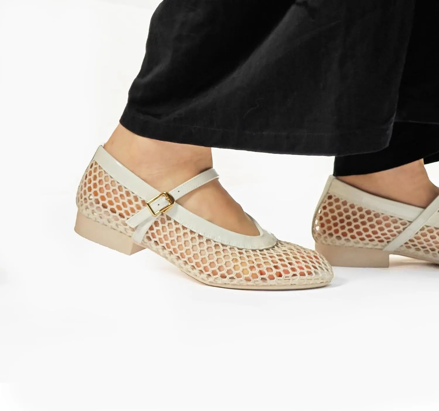 Mesh Flats for Women Ballet Mary Jane Flats Buckle Strap Comfy Casual Office Daily Fishnet Ballerina Flat Sandals Women Shoes Dressy Summer, Black
