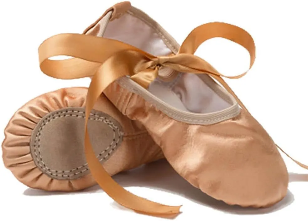 MSMAX Women's Ballet Dance Shoes Split Sole Satin Gymnastic Flats with Ribbon
