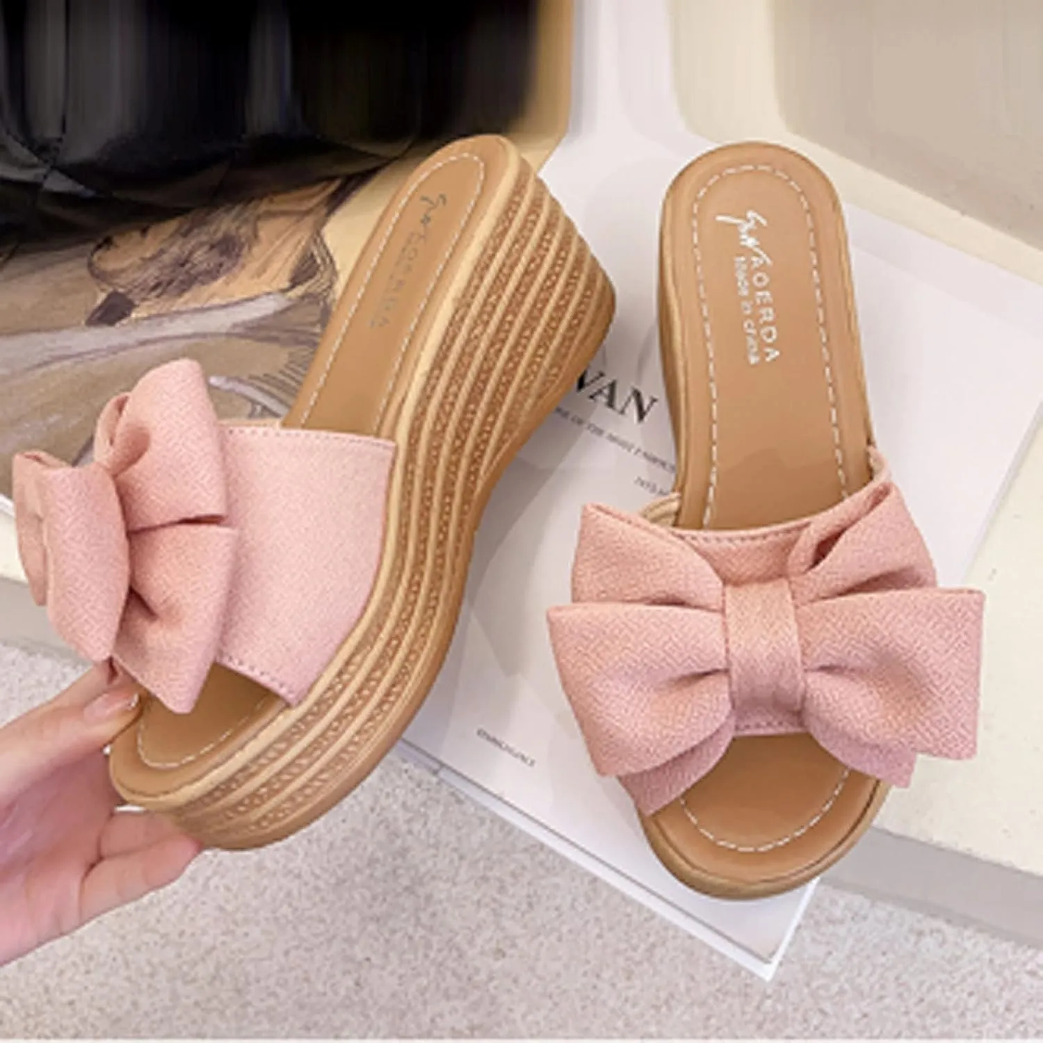 oiangi Sandals for Women Dressy, 2021 Comfy Bow Flats Casual Platform Slope Heels Summer Beach Flip Flops Slippers