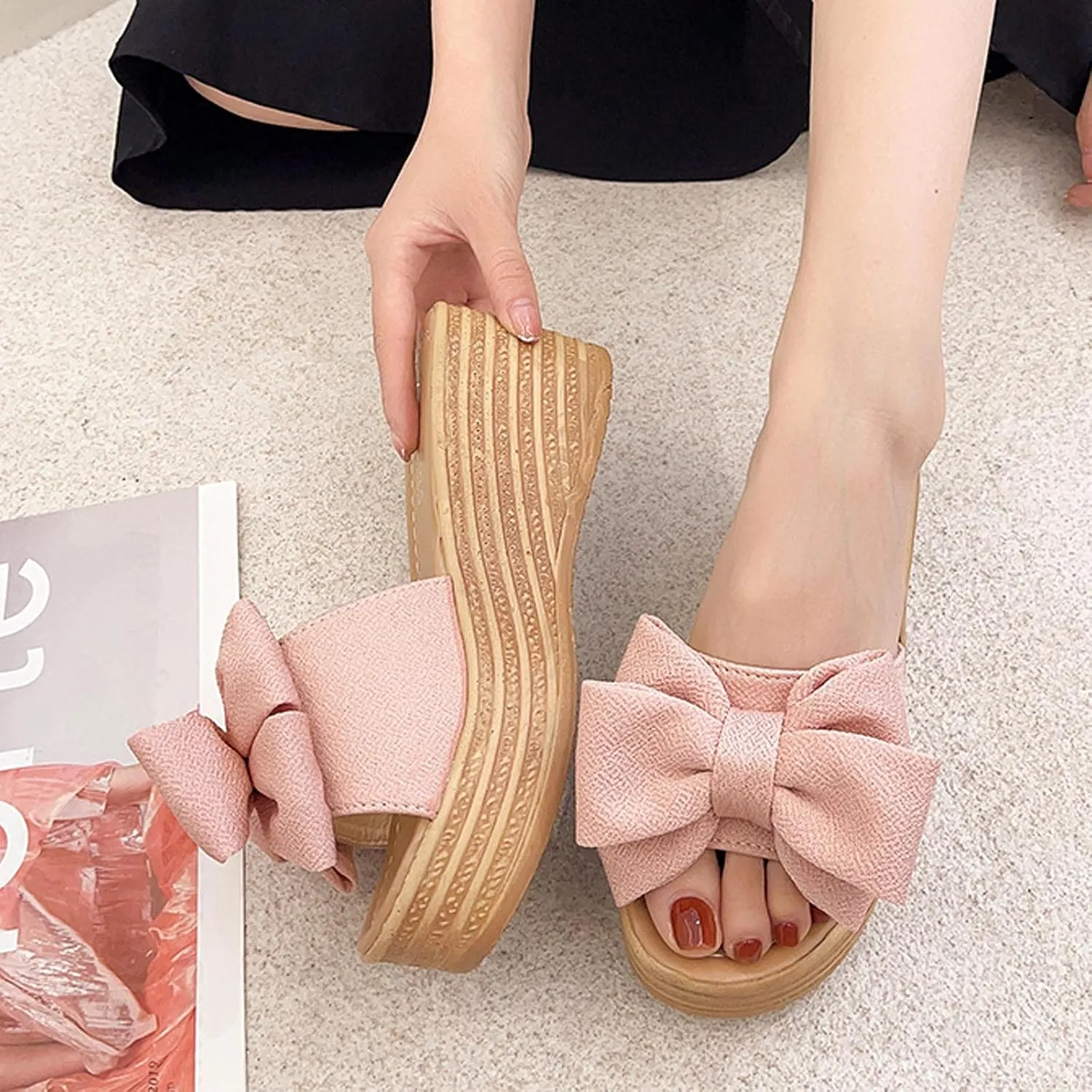 oiangi Sandals for Women Dressy, 2021 Comfy Bow Flats Casual Platform Slope Heels Summer Beach Flip Flops Slippers