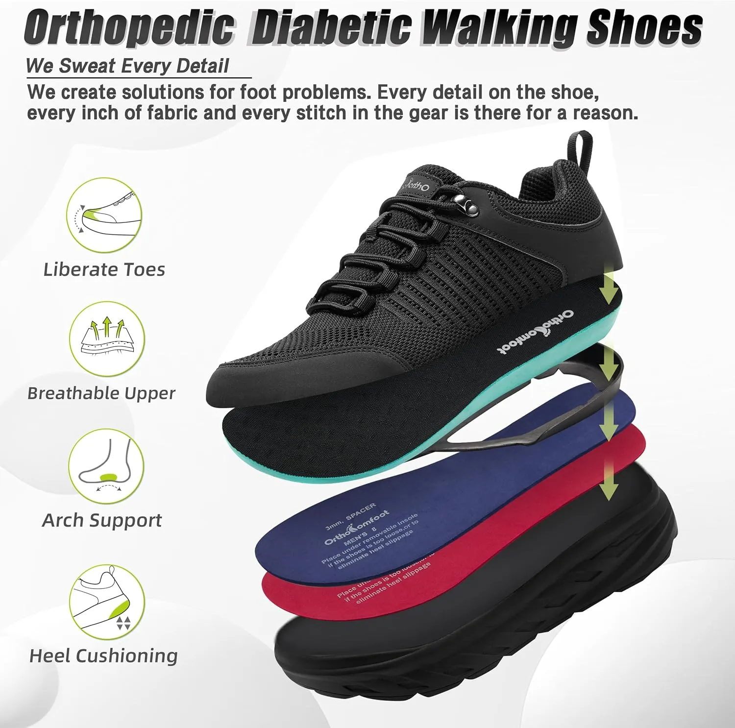 OrthoComfoot Men's Orthopedic Comfortable Diabetic Wide Shoes: Wide Toe Box Arch Support Plantar Fasciitis Sports Sneakers,Fashion Casual Hammer Toes Shoes for Foot and Heel Pain Relief