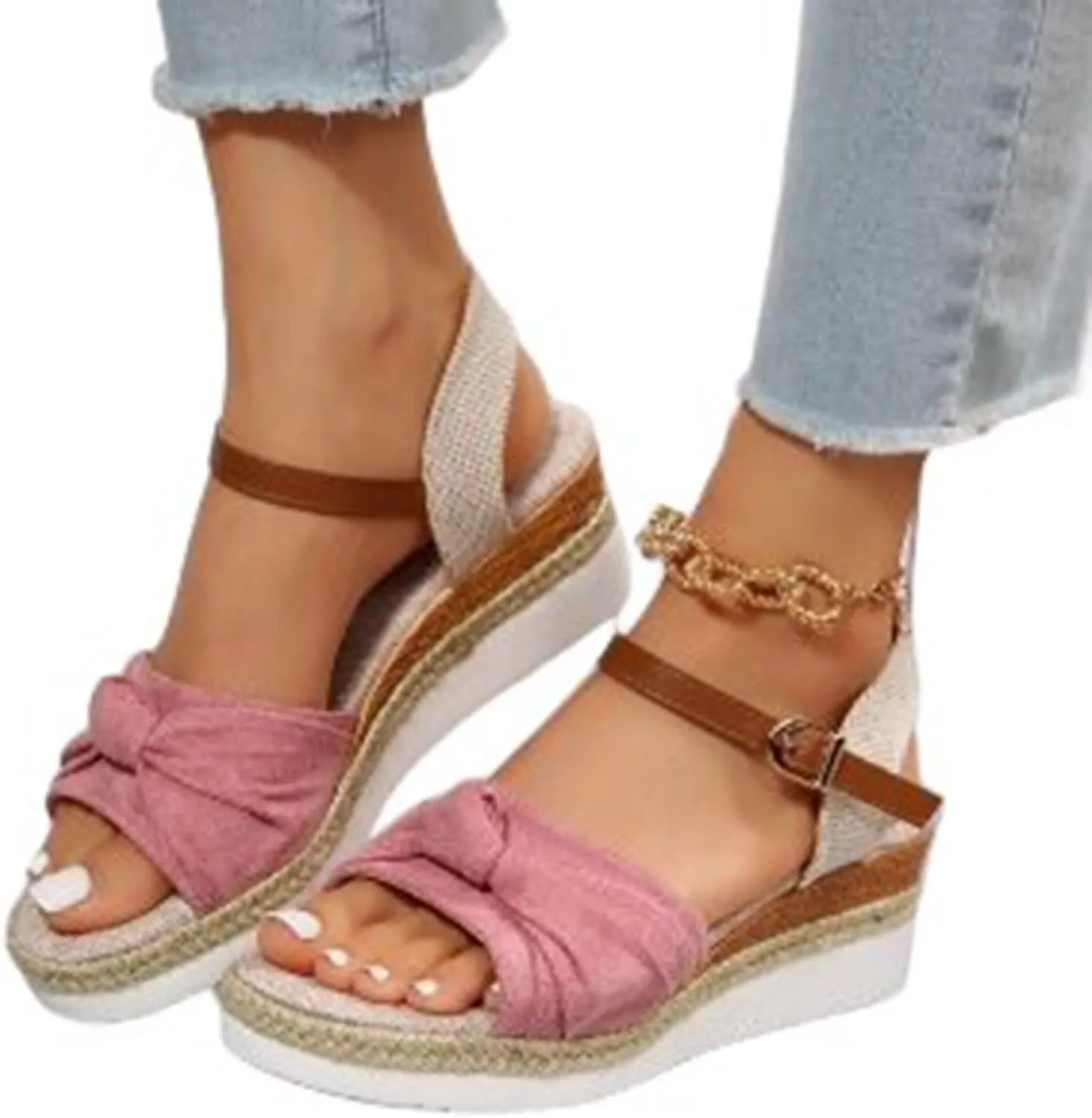 Orthopedic Platform Wedge Sandals for Women - Casual Summer Dressy 2025 Flat Tremdy Bow Tie Open Toe Ankle Strap Sandal Beach Boho Sandals Comfortable Outdoor Shoes