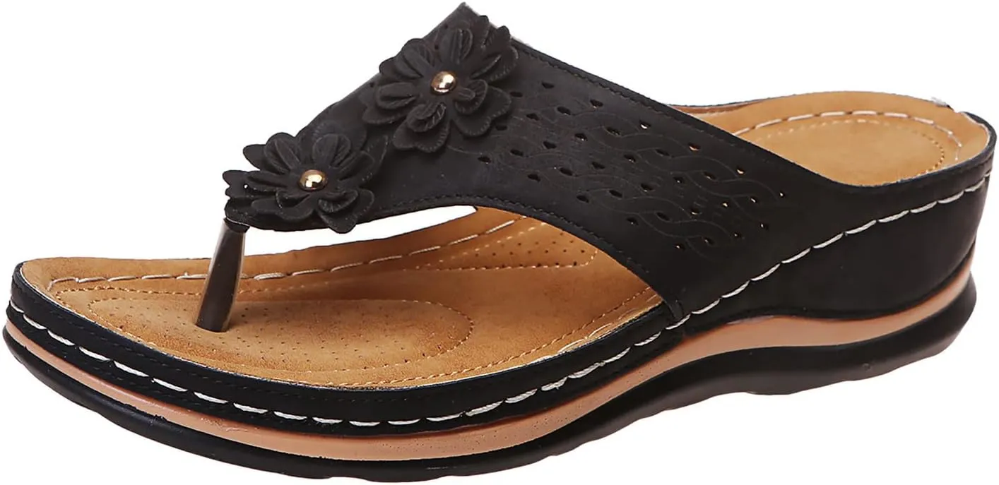 Orthopedic Sandals for Women Arch Support Sandals Women's Clip Sandals Flip Flops Comfy Wedge Walking Slippers Anti-Slip Breathable Sandals Women Dressy Summer Beach Travel Flip Flops (Black, 7.5)
